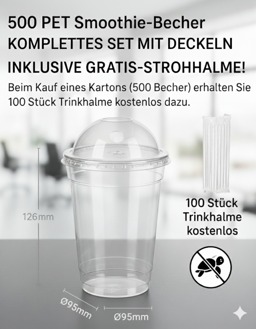 500 PET Smoothie Becher 400ml – Einweg Plastikbecher Transparent mit 100 Gratis Trinkhalmen – To Go Becher für Smoothies, Säfte, Shakes, Bubble Tea, Eiskaffee