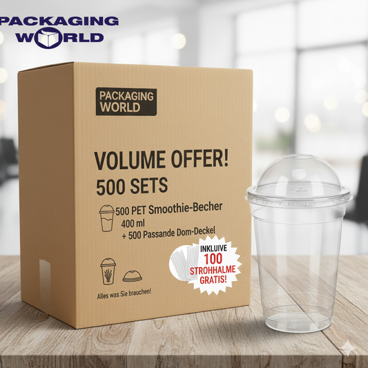 500 PET Smoothie Becher 400ml – Einweg Plastikbecher Transparent mit 100 Gratis Trinkhalmen – To Go Becher für Smoothies, Säfte, Shakes, Bubble Tea, Eiskaffee